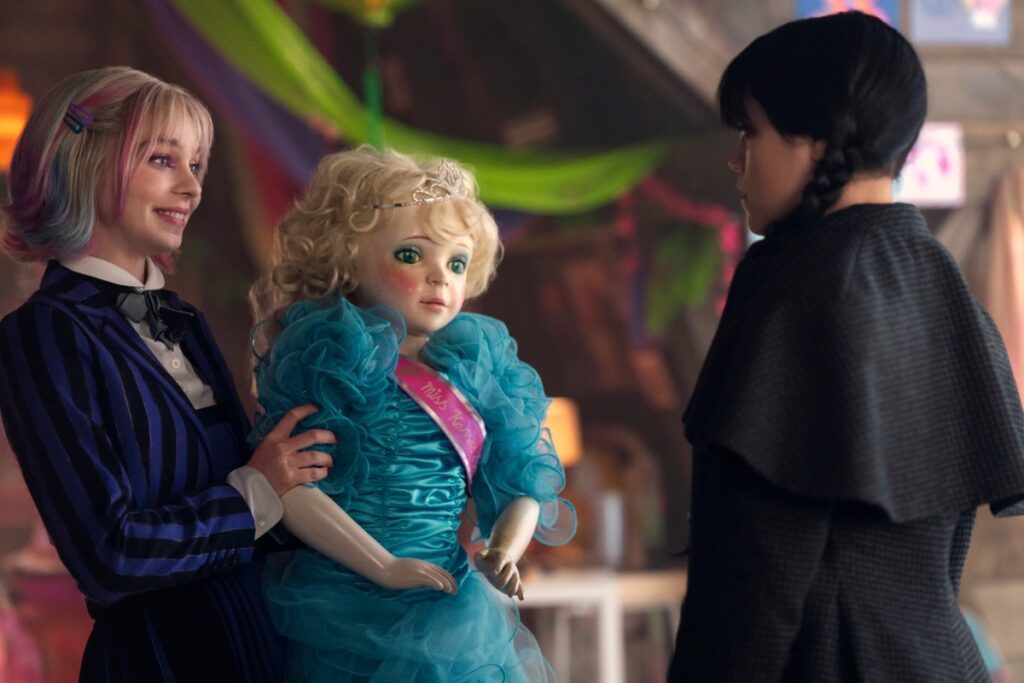 Emma Myers as Enid Sinclair alongside Jenna Ortega as Wednesday