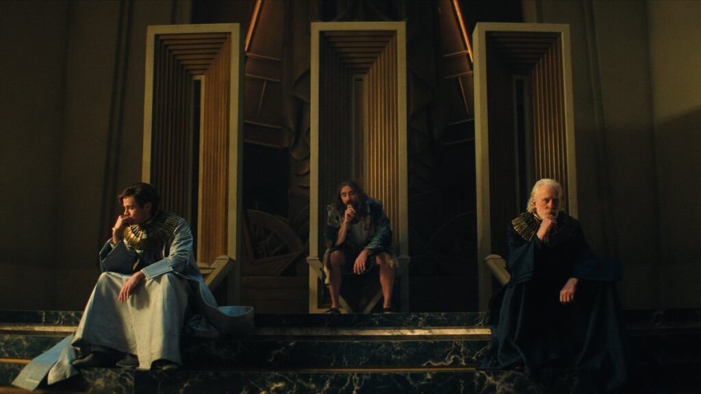 The Cleons: Brother Dawn (Cassian Bilton), Brother Day (Lee Pace), and Brother Dusk (Terrence Mann)