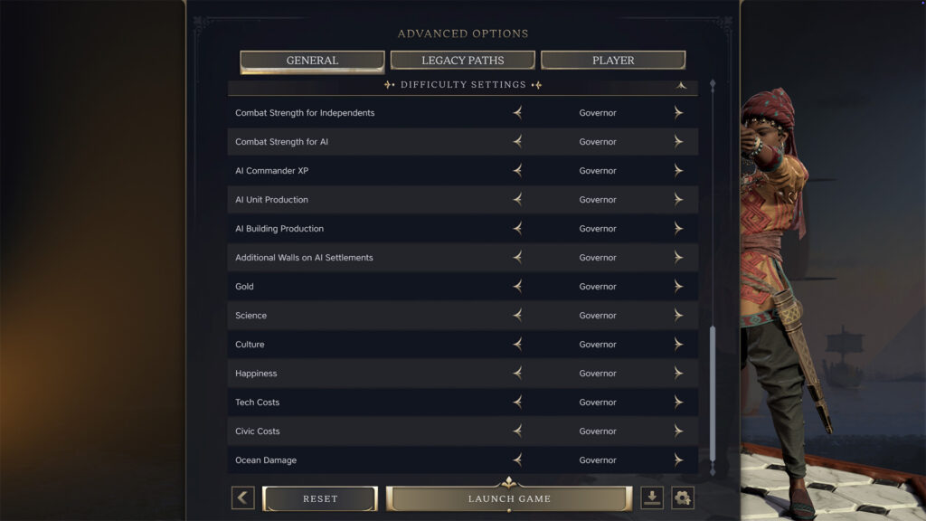 Myriad difficulty options in game settings for Civ 7